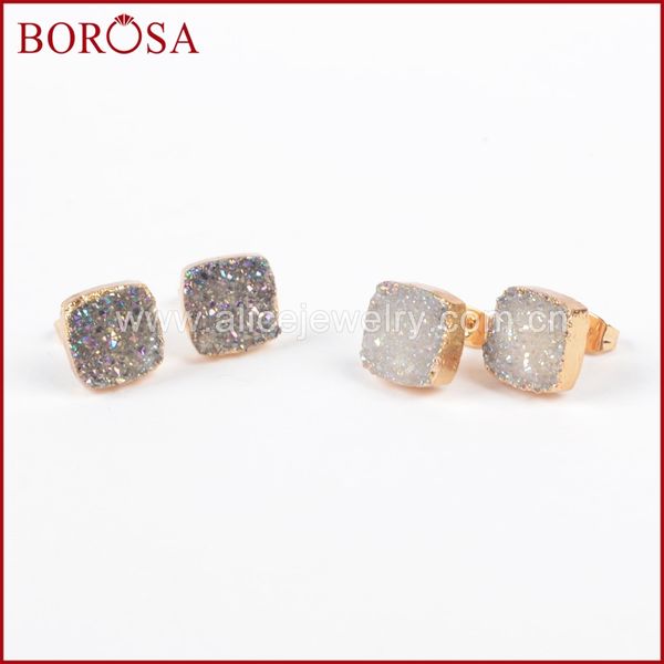 Moda-5 pares Pendientes Druzy Color dorado Cuadrado Piedra natural Titanio Pendientes Druzy Gemas para mujeres G0914