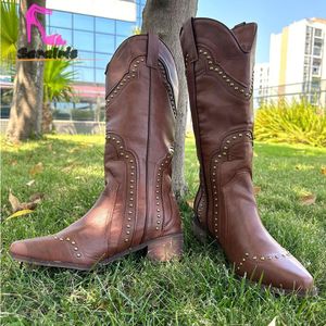 Fashion 554 Vintage Femmes Occidental hiver pour l'automne Plate-forme pointée Plateforme de mollet Mid Calf Boots Brown Cowgirl 230807 319 Platm