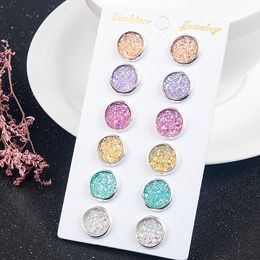 Mode 6 paren / set verzilverd ronde roestvrij staal 12mm hars druzy drusy oorbellen handgemaakte stud voor vrouwen sieraden