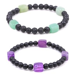 Mode 6 mm natuurlijke zwarte lava steen matte zwarte kraal strengen armband vierkant amethist aventurine tijger eye armbanden voor vrouwen mannen sieraden