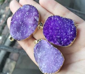 Mode 6 stks Vergulde Paars Natuur Quartz Druzy Geode hanger Drusy Kristal Edelsteen connector Kralen Sieraden bevindingen61602817060909