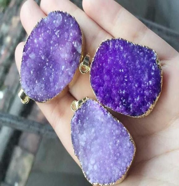 Fashion 6pcs Gold Purple Nature Quartz Druzy Geode Colgante Drusy Crystal Gem Stone Conector Beads Hallazgos de joyas 61602819256754