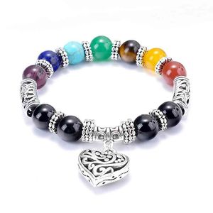 Bracelet de guérison en pierre colorée, 7 chakras, à la mode, en Agate mate, avec breloque en forme de cœur, en pierres précieuses