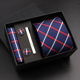Fashion 7cm Tie Mandkerchief Cuffer de bouffée pour hommes Coldie de vacances Boîte cadeau à points plaid accessoires de mariage mince Gravatas 240522