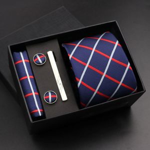Mode 7cm tie zakdoek manchetknopset voor mannen stropdas cadeaubon plaid dot suit accessoires slanke bruiloft gravatas 240522