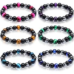 Bracelet à brins de perles en pierre noire de 8MM, pierre naturelle colorée, œil de tigre, élastique, bijoux pour femmes et hommes