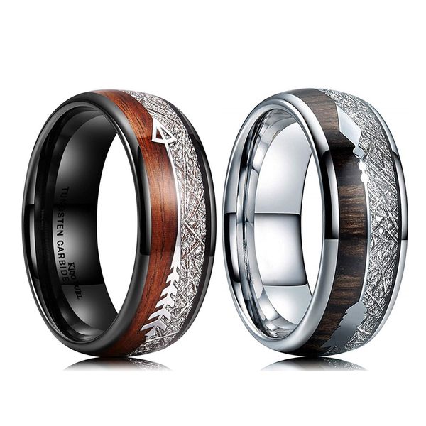 Mode 8mm noir tungstène mariage bague en acier pour hommes incrustation bois flèche anneau hommes bande de mariage bijoux