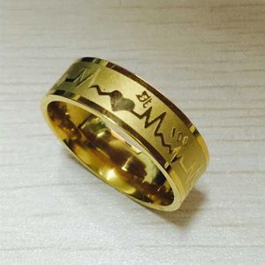 Fashion 8 mm Falling in Love Rings Color dorado 316L Titanio Acero Solid Ecg Heartbeat 100 Love Ring Mujeres Alianza 348g