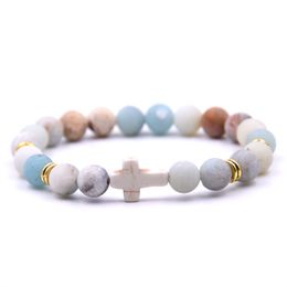 Mode 8mm Natuursteen armbanden voor vrouwen Elasticiteit Yoga Cross Charms Armband Mannen sieraden