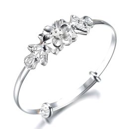 Mode 925 stempel zilveren kleur vrouw armband verstelbare bloem geluk bangle bruidsmeisje sieraden charme kerst