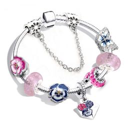 Mode 925 Sterling Silver Murano Lampwork Verre Européen Charm Perles Viola Tricolor Wild Pansy Dangle Convient Pandora Charm Bracelets Collier B8