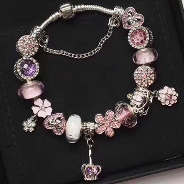 Moda 925 Plata de ley Rosa Murano Lampwork Glass European Charm Beads Cinco pétalos Flor Crystal Crown Dangle Se adapta a pulseras Collar B8 Q8GL