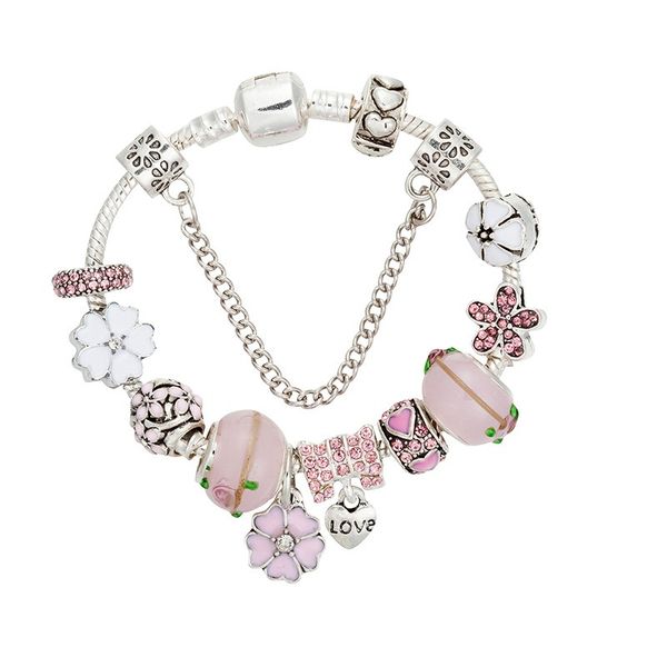 Moda 925 Plata esterlina Rosa Murano Murano Glass European Charm Beads Cinco pétalos Flor Flor de cerezo Cuelga Se adapta a Pandora Charm Pulseras Collar