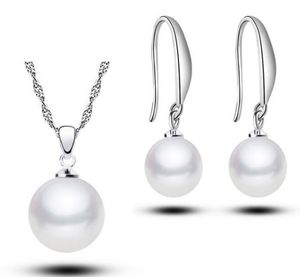 Mode 925 Sterling Verzilverd Bal Wit Zoetwater Parel Ketting Oorbellen Sieraden Sets voor Dames Bridal Accessoriy Groothandel Prijs