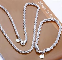 Mode 925 Sterling Silver Set Solid Rope Chain 4MM Hommes Femmes Bracelet Collier 16quot24inch bijoux Lien Italie Noël Nouveau S0517014993
