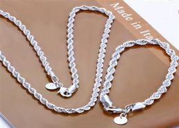 Mode 925 Sterling Silver Set Solid Rope Chain 4MM Hommes Femmes Bracelet Collier 16quot24inch bijoux Lien Italie Noël Nouveau S0515130589