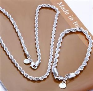 Mode 925 Sterling Silver Set Solid Rope Chain 4MM Hommes Femmes Bracelet Collier 16quot24inch bijoux Lien Italie Noël Nouveau S0517014993