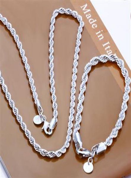 Mode 925 Sterling Silver Set Solid Rope Chain 4MM Hommes Femmes Bracelet Collier 16quot24inch bijoux Lien Italie Noël Nouveau S0518084456