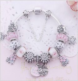 Fashion 925 Sterling Silver White Cherry Blossom Murano Lámpara Vidratras de colas de encanto europeo collar de brazalete de encanto4392872