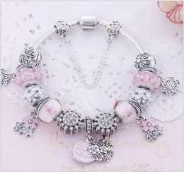 Mode 925 argent sterling blanc fleur de cerisier Murano verre au chalumeau perles de charme européennes balancent pour bracelets de charme collier5970055