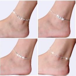 Bracelet de cheville en argent sterling 925 pour femmes, bijoux de pied incrustés de Zircon, bracelet sur une jambe, personnalité
