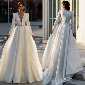 Vestidos de novia de línea A a la moda para novia Vestido de novia con cuello en V y purpurina Cremallera en la espalda Manga larga vestidos de novia de diseñador