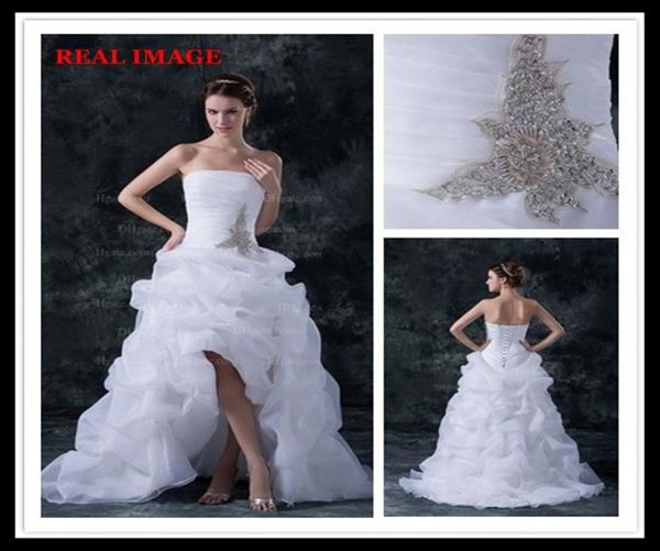 Moda Una línea Vestidos de novia sin tirantes atractivos blancos Hi Lo Corte Tren Vestidos de novia plisados ​​paleados dhyz 011361357