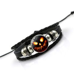 Accesorios de moda Pulsera de cuero negra de Halloween Cúpula de cristal Bruja Pulsera de botón tejida de cuero negro Regalo de joyería