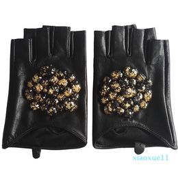 Accessoires de mode Gants d'hiver en cuir véritable pour femmes, marque de mode de haute qualité, gants sans doigts en peau de chèvre noire véritable, mitaine de rue