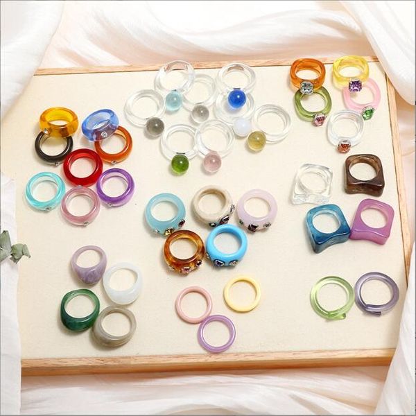 Mode acrylique coloré Rectangle strass bande anneaux pour femmes grand Transparent bague filles Vintage femme beaux bijoux