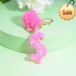 Mode acryl valutasymbool sleutelhanger met roze haarbal Amerikaanse dollar Australische dollar geld hanger sleutelhangers souvenir geschenken