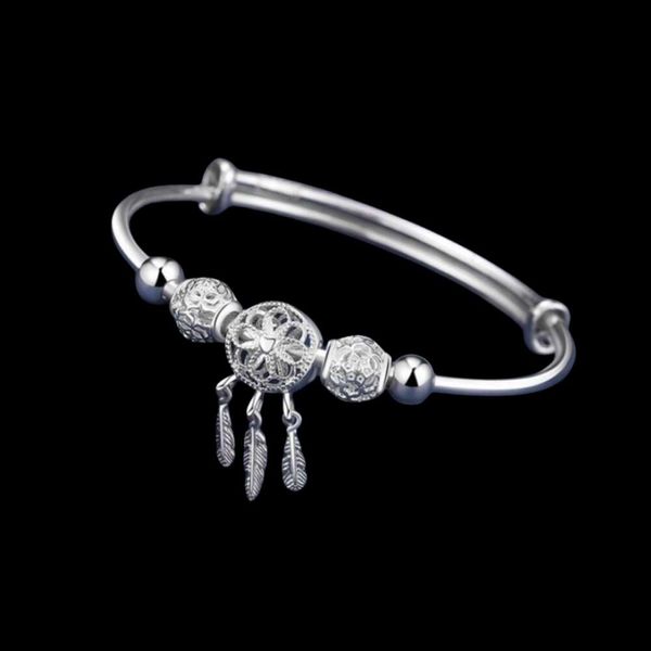 Brazalete ajustable de moda 925 Color plata atrapasueños borla pluma cuentas redondas pulsera brazalete para mujer elegante regalo de boda