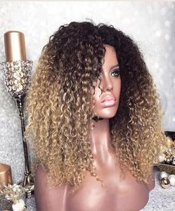 Fashion African American Women Stylemongolian Afro Kinky Curly Wig Ombre pruik 250 Dichtheid gekleurde synthetische kant voorpruiken Natural1678459