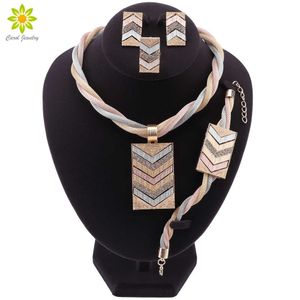Conjunto de joyería de cuentas africanas de moda conjunto de joyería de boda de mujer nigeriana marca Dubai oro nupcial collar pendientes conjunto H1022