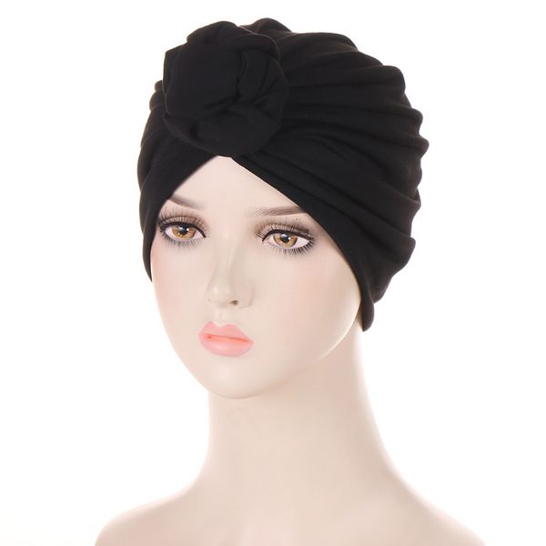 Mode Africain Coton Turban Chapeaux Pour Femmes Donut Plaque Fleur Musulman Cap Solide Couleur Élastique Bonnet Noeud Chapeau Tête Wrap HCS333