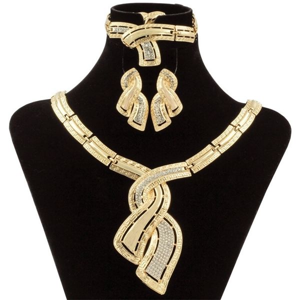 Moda Africana Dubai Joyas de oro Collar de cristal nigeriano Pendientes de aro Mujeres Conjuntos de joyas nupciales italianas Accesorios de boda 201222
