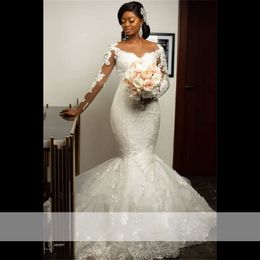 Mode africaine sirène robes de mariée à manches longues dentelle appliques robes de mariée Illusion dos robe de mariée robe de soirée