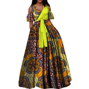 Mode Afrikaanse Wax Print Jurken voor Dames Bazin Riche 100% Katoen V-hals Tutu Jurk Vestidos Afrikaanse Design Kleding WY3376