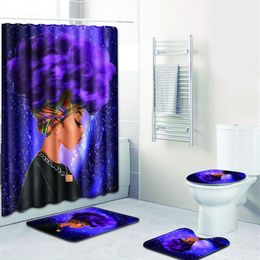 Moda mulher africana padrão poliéster cortina de chuveiro conjunto antiderrapante tapete para banheiro banheiro flanela tapete de banho conjunto 4 pçs 2851