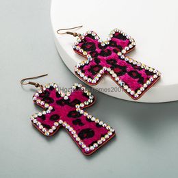 Mode All Match Boucles d'oreilles Stud Bijoux Femme Dangle Lustre Homes2007 Croix exagérée Double face Imprimer Cuir Léopard Rétro JllxmG