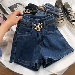 Mode All-match HIP-Lifting High-taille Casual A-Line Outer Wear Denim Shorts voor Womens Stretch Wide-poot met riem 210420