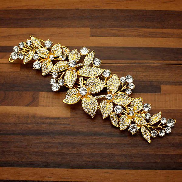 Aleación de moda oro cristal de lujo mujeres boda cabeza vestido Floral hoja Diamante nupcial pelo peine Clip para novia joyería fiesta