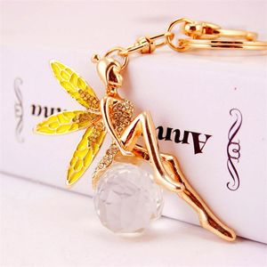 Mode- Alloy Rhinestone Fairy Tale Angel Wings Girl Crystal Ball Pendant Car Sleutelhangers Gold Tone Lobster Clasp Sleutelhanger 3 Stks