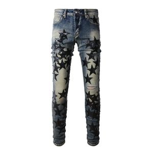 Mode AM décontracté marque trous de rue Style mendiant pantalons pour hommes haute rue moto jean en cuir étoiles patchs Denim pantalon