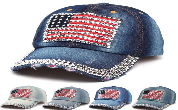 Fashion American Flag Baseball Cap Men Sport Rignestone Jeans Ball Cap Femmes Voyage Bling Snapback Denim Sun Hat TTA11144906396