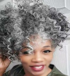 Mode et poivre gris bouclés vraie coiffure queue de cheval style afro bouffée 14 pouces argent gris queue de cheval de cheveux humains extension pour noir 1436013