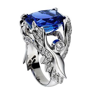 Mode engel vleugels blauwe kristallen saffier edelstenen diamanten ringen voor vrouwen mannen wit goud zilver kleur sieraden bague accessoire
