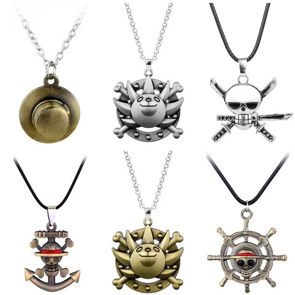 Moda Anime One Piece Theme Rudder Skull Skeleton Luffy Straw Hats Thousand Sunny Ship Logo Collares Para Hombres Mujeres Fans Regalo Colgante