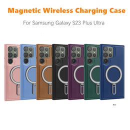 Étui de chargement sans fil classique pour Samsung Galaxy S23 Plus S23 Ultra avec support de bague, housse de protection en cuir, étuis en cuir de silicone, accessoires