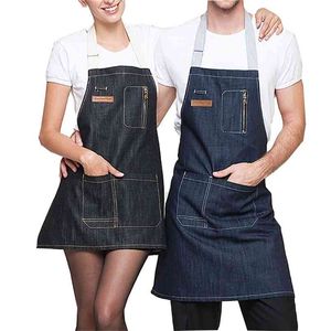 Moda Antifouling Cocina Cocina Delantal de mezclilla para mujer y hombre Restaurante Trabajo Pinafores Tablier Unisex Adulto 210625